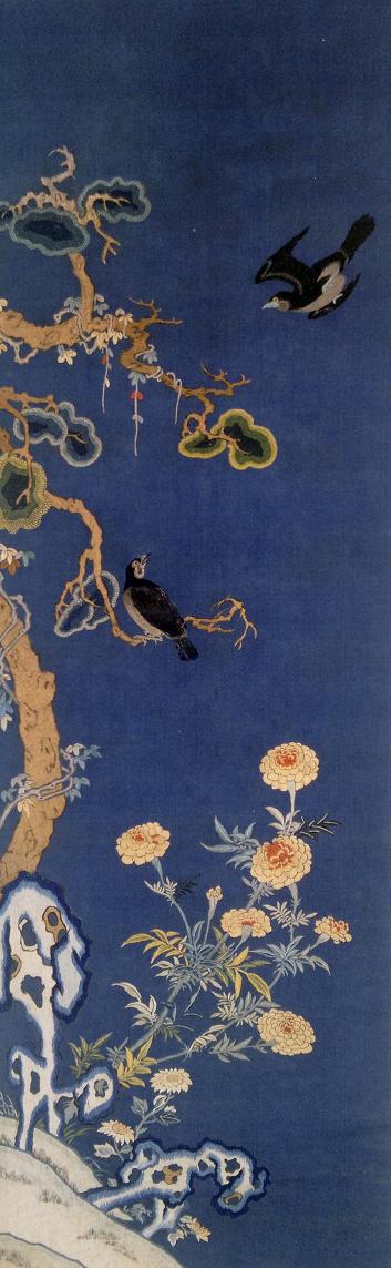 刺繡柏菊八哥圖（軸），清同治年間繡品，蘇繡，刺繡品，藏品繡