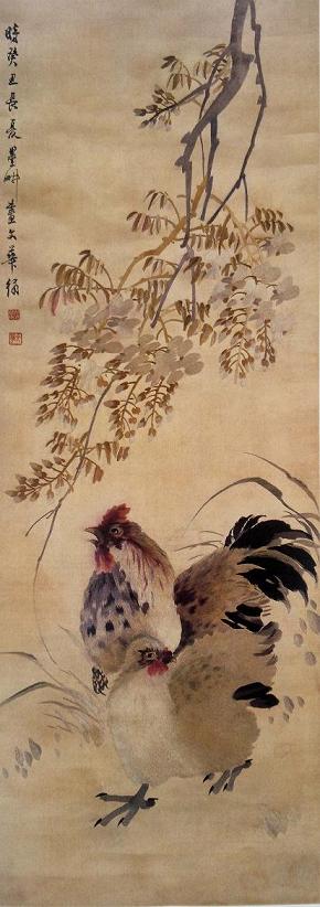 薛文華繡紫藤雙雞圖（軸），民國時(shí)期蘇繡，民國織繡精品，華喦