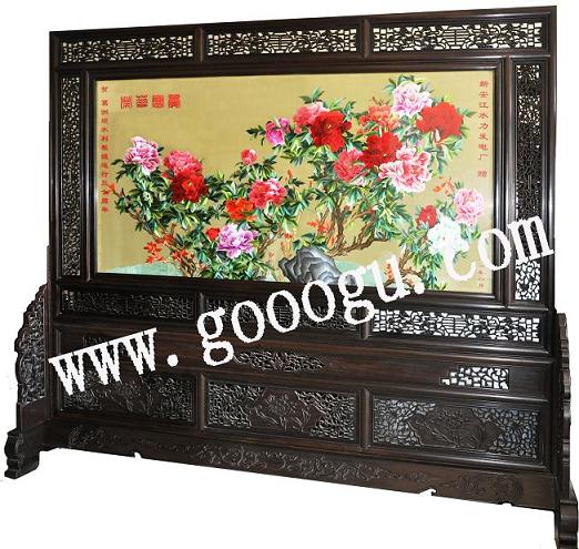 葛洲壩水利工程大廳屏風(fēng)：蘇繡屏風(fēng)，嬌古蘇繡，榮華富貴屏風(fēng)