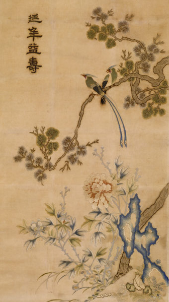 刺繡牡丹綬帶圖（軸），延年益壽，祝壽題材蘇繡，道光年間刺繡，宮廷繡品
