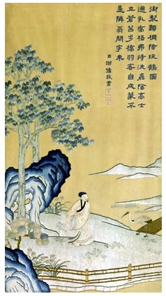 刺繡御制題桐蔭玩鶴圖（掛屏），宮廷繡品，刺繡名品